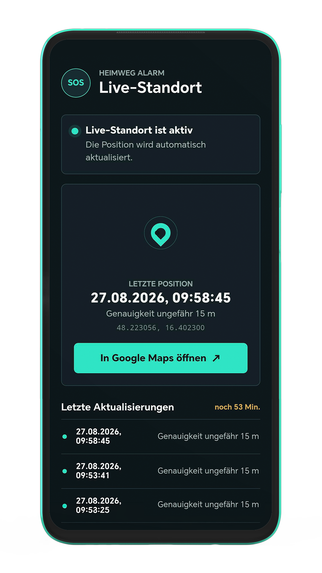 Smartphone-Ansicht von Heimweg Alarm mit aktivem Live-Standort, letzter Position, Google-Maps-Button und aktuellen Standortaktualisierungen.
