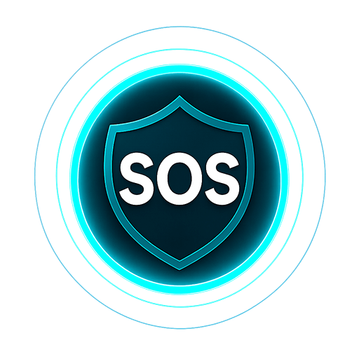 Logo der App Heimweg Alarm mit SOS-Schriftzug in einem leuchtenden Schutzschild